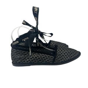 Dior Nicely-D Resille Ankle Wrap Ballet Flats Shoes Black Size 38.5